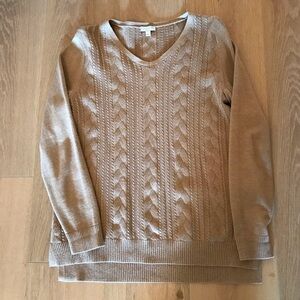Talbots lightweight cotton v-neck cable kit sweater, tan size Small Petite